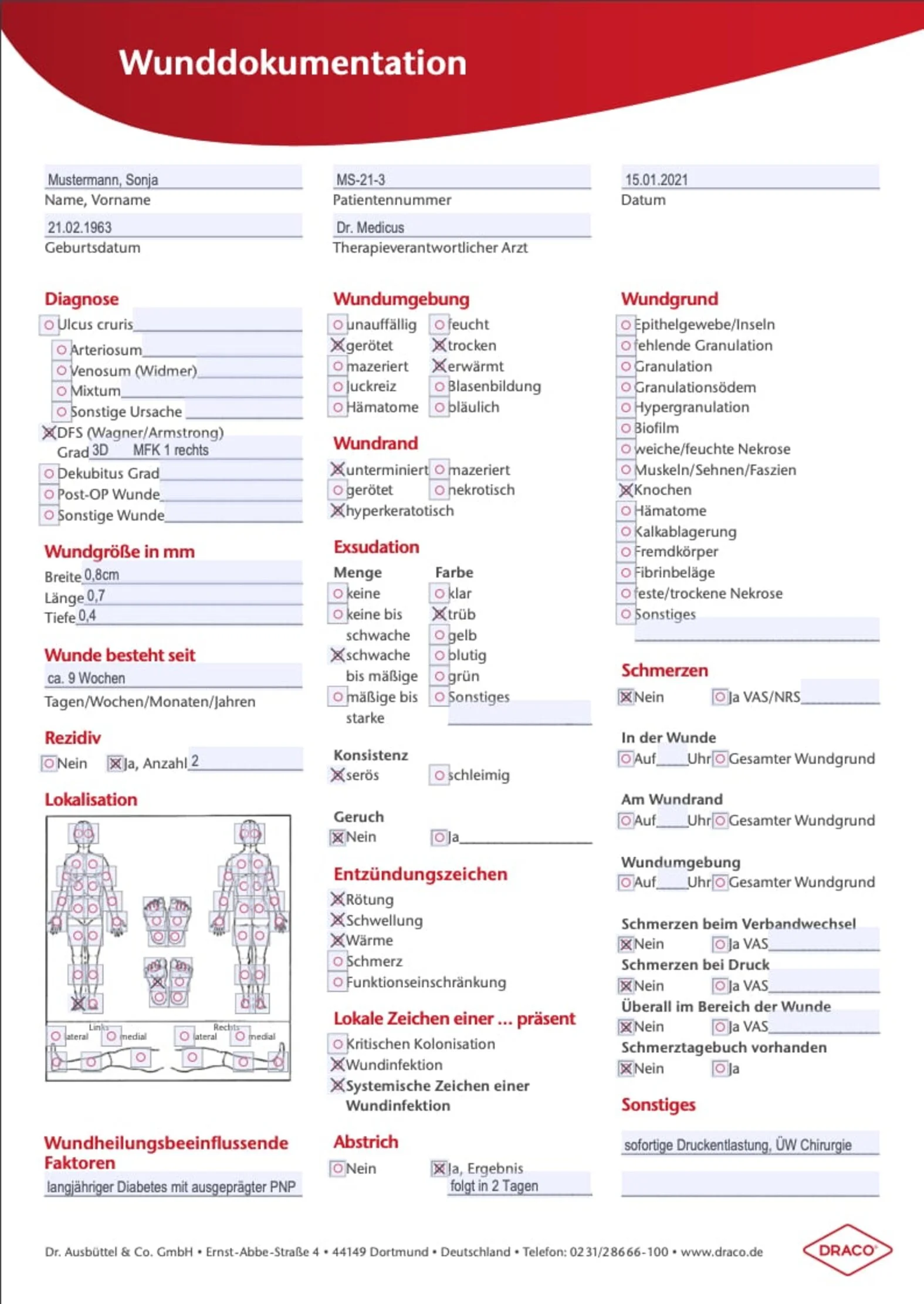 Ausgefüllter Wunddokumentationsbogen zur abgebildeten Wunde, Wundbeschreibung und Kategorisierung